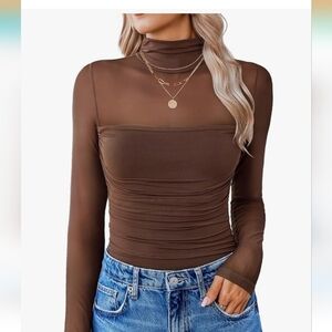 New WTag AVIDLOVE Elegant Brown Long Sleeve Women's Bodysuit Top Crotch Fasten S